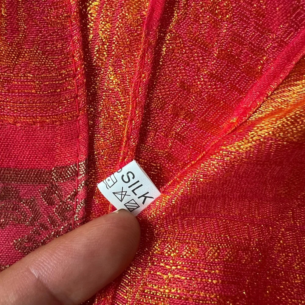 Silk Scarf Lightweight Moroccan India Design Damask Red Gold Orange - Picture 5 of 9